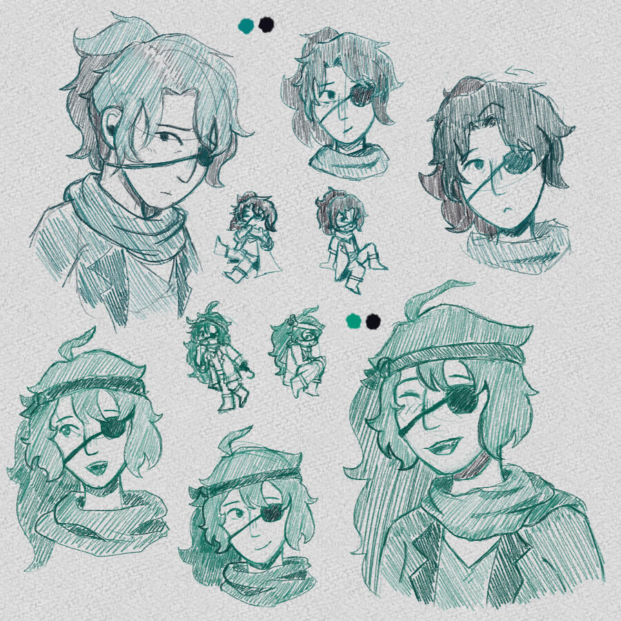 Page of six bust sketch examples (and four chibi body sketches). All sketches from 2025.