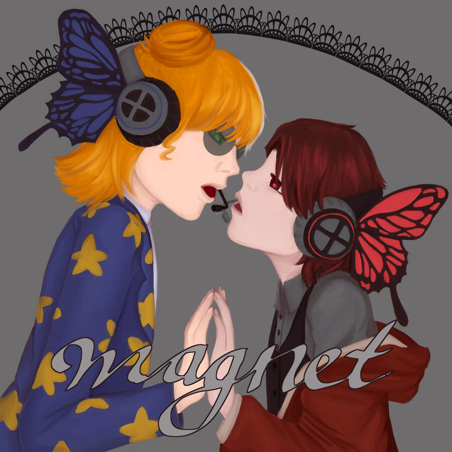 A two-person half body piece, which is a redraw of the Magnet cover, which would have cost £37.50 as a commission. Was drawn following a roleplay in 2023.