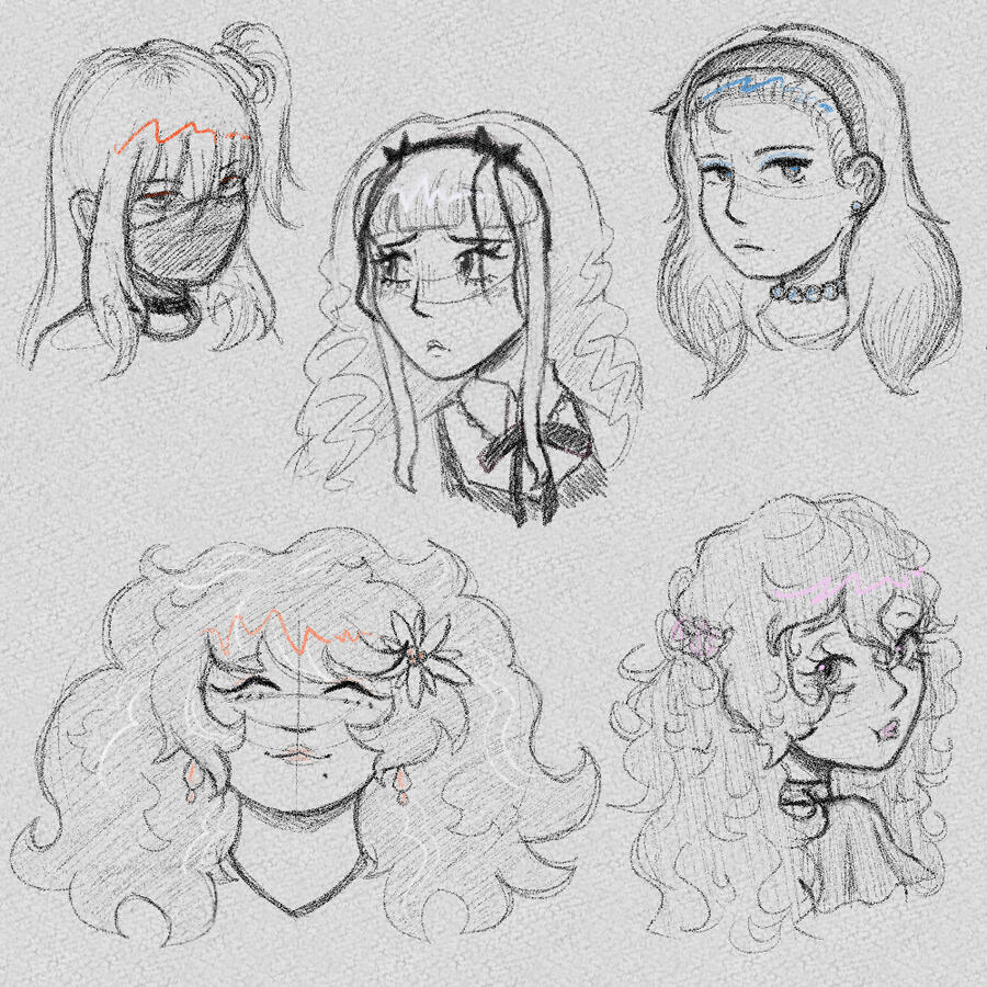 Page of five example bust sketches. All sketches from 2025.